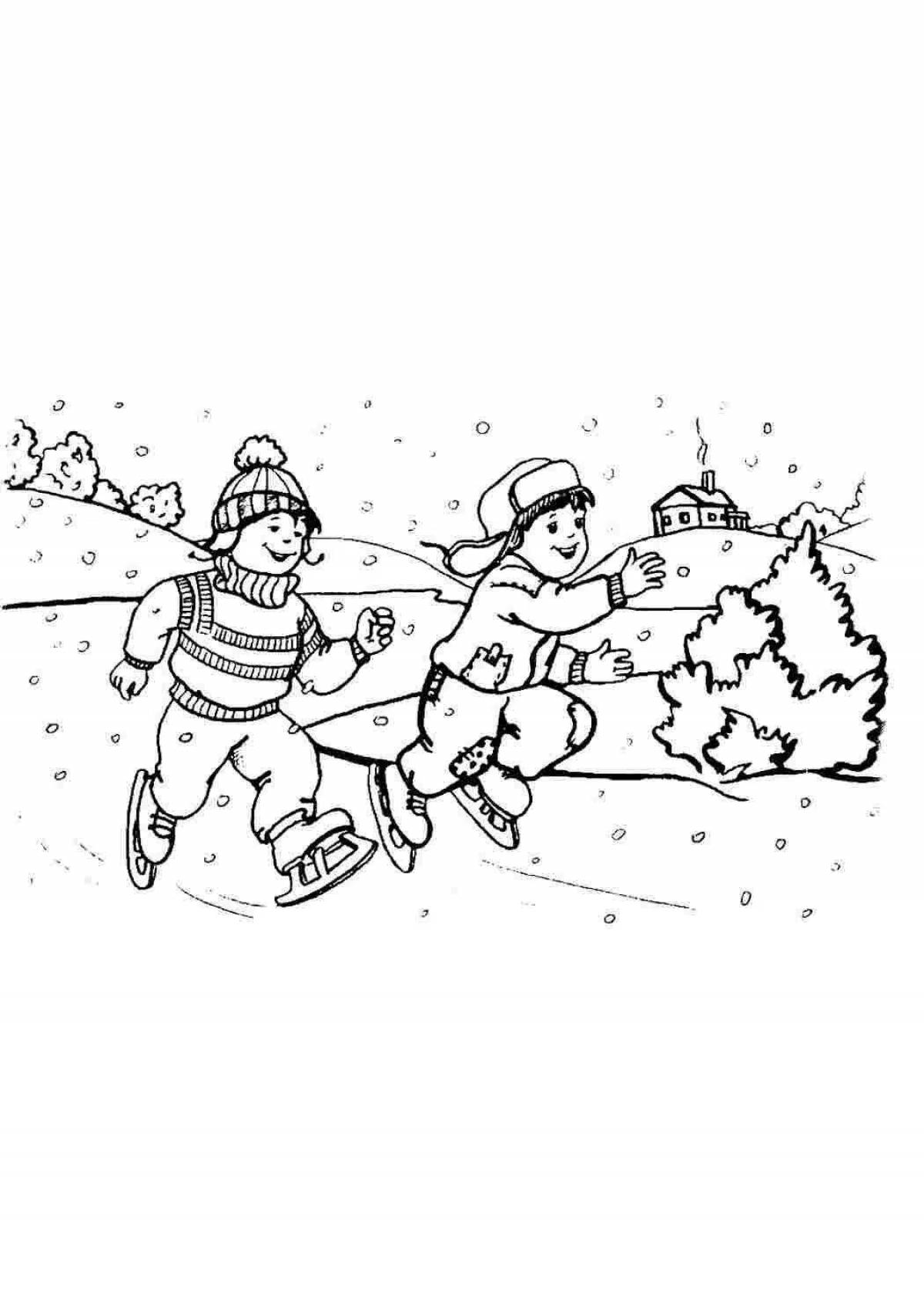 Игривая страница-раскраска «зимняя безопасность» для дошкольников