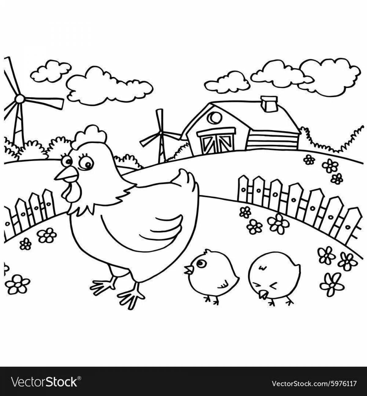 Яркая страница раскраски птичьего двора для детей