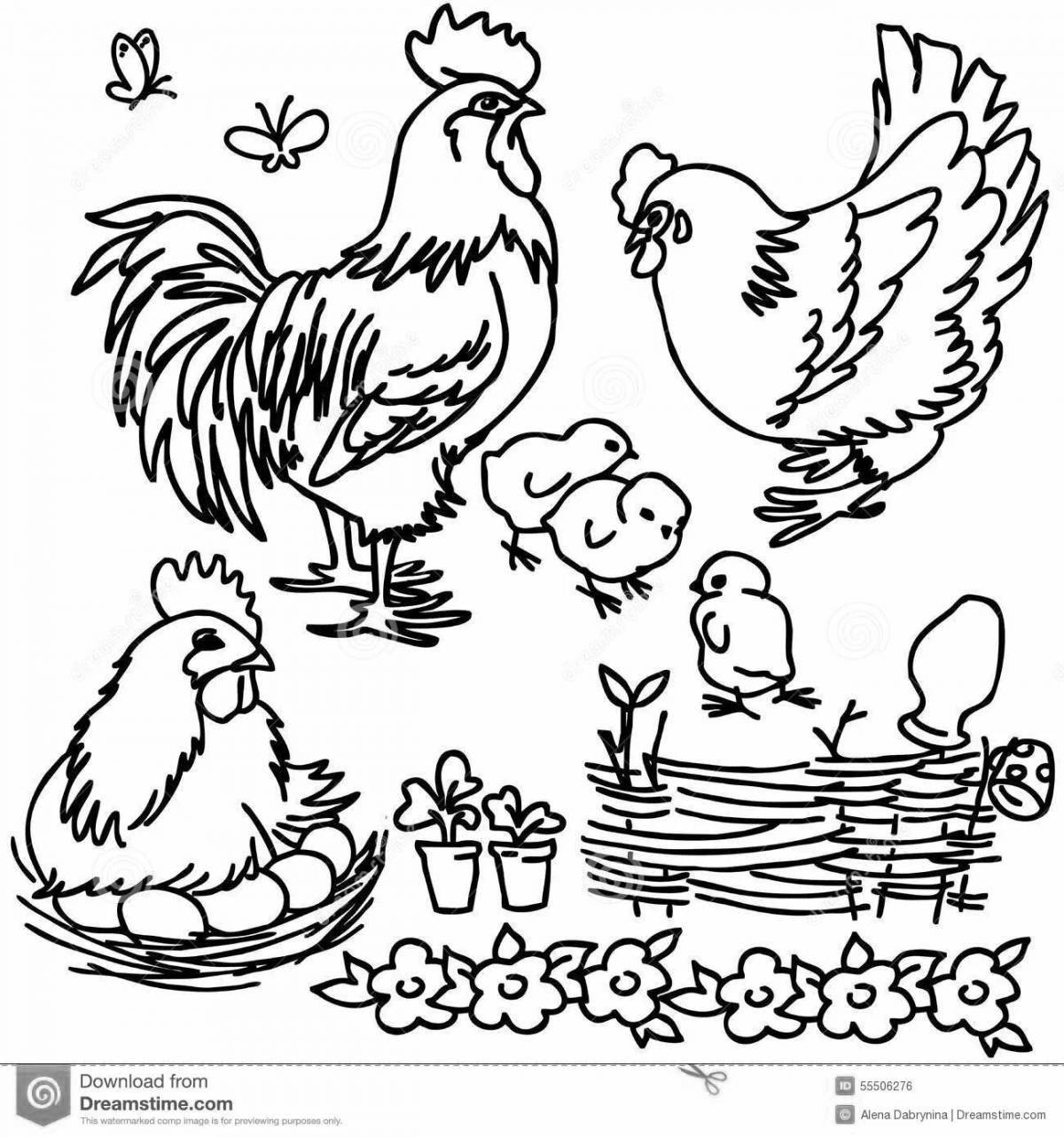 Очаровательная страница раскраски птичьего двора для детей