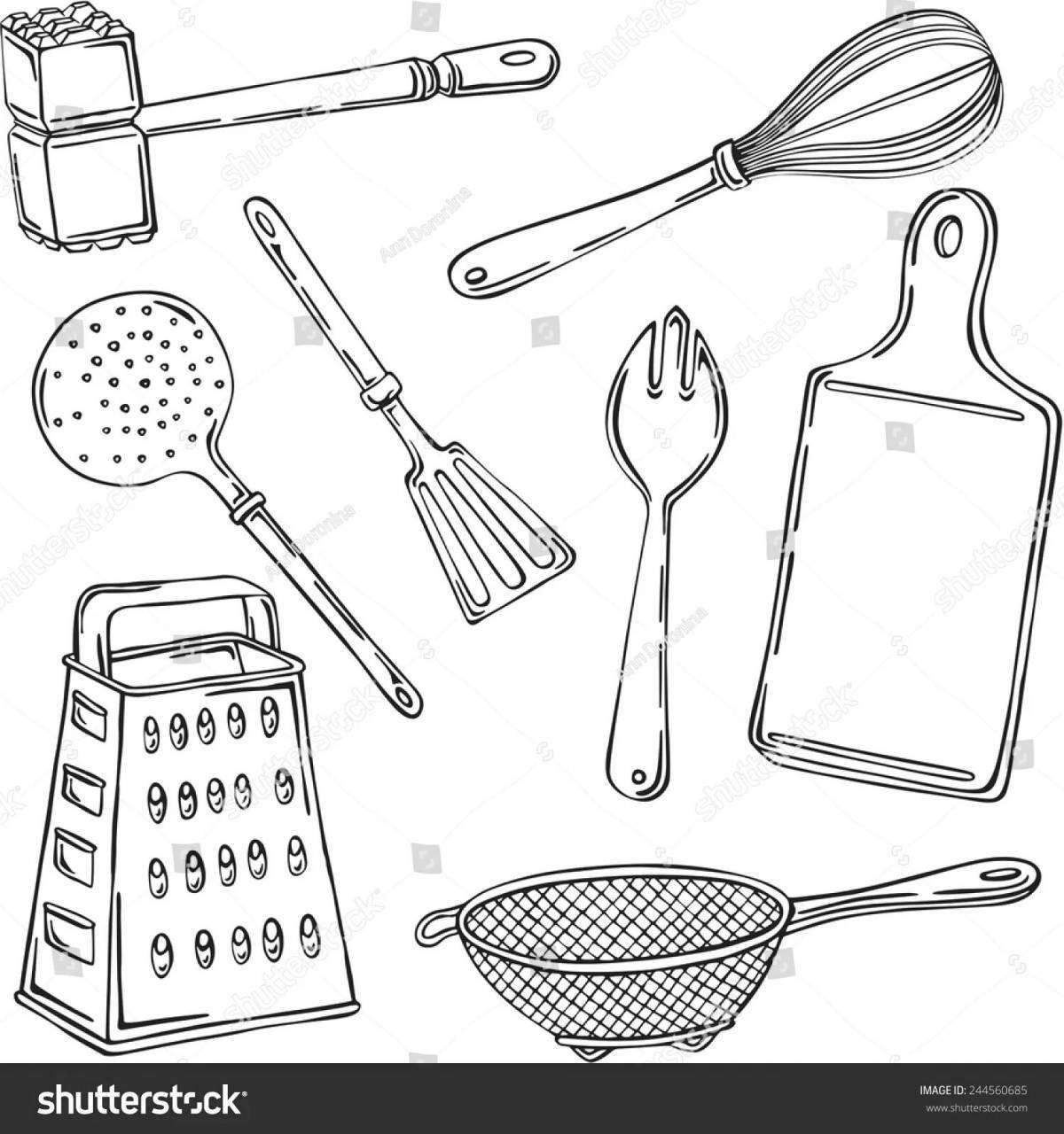 Colorful kitchen utensils coloring page for kids