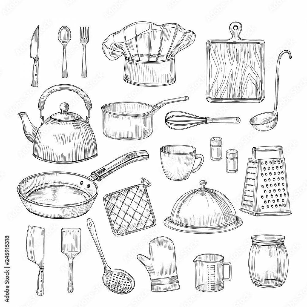 Colorful kitchen utensils coloring book for kids