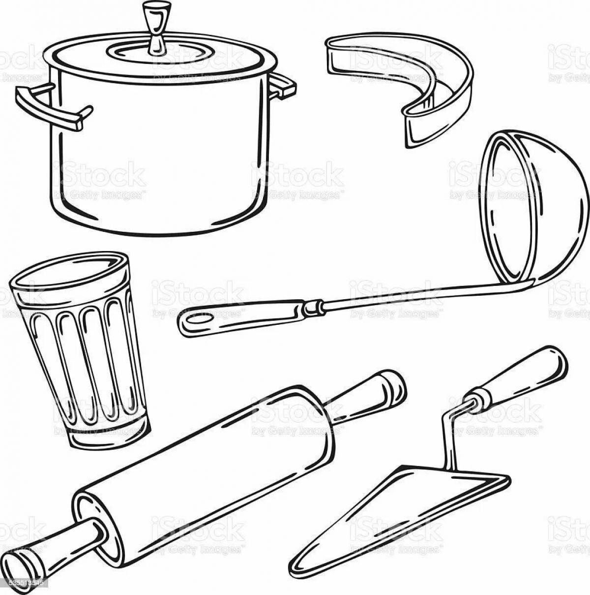 Playful baby kitchen utensils coloring page