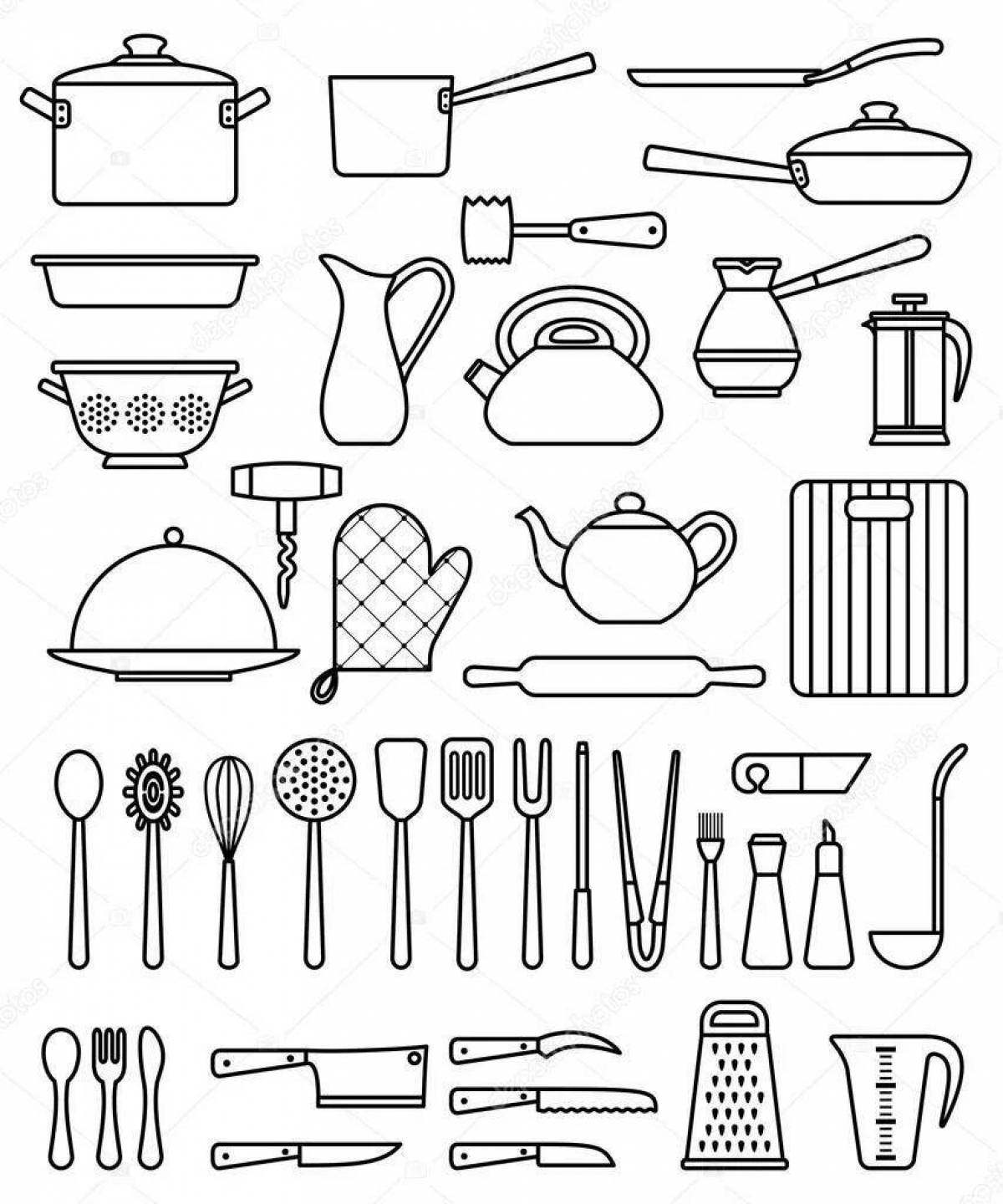 Удивительная страница раскраски кухонной утвари для детей