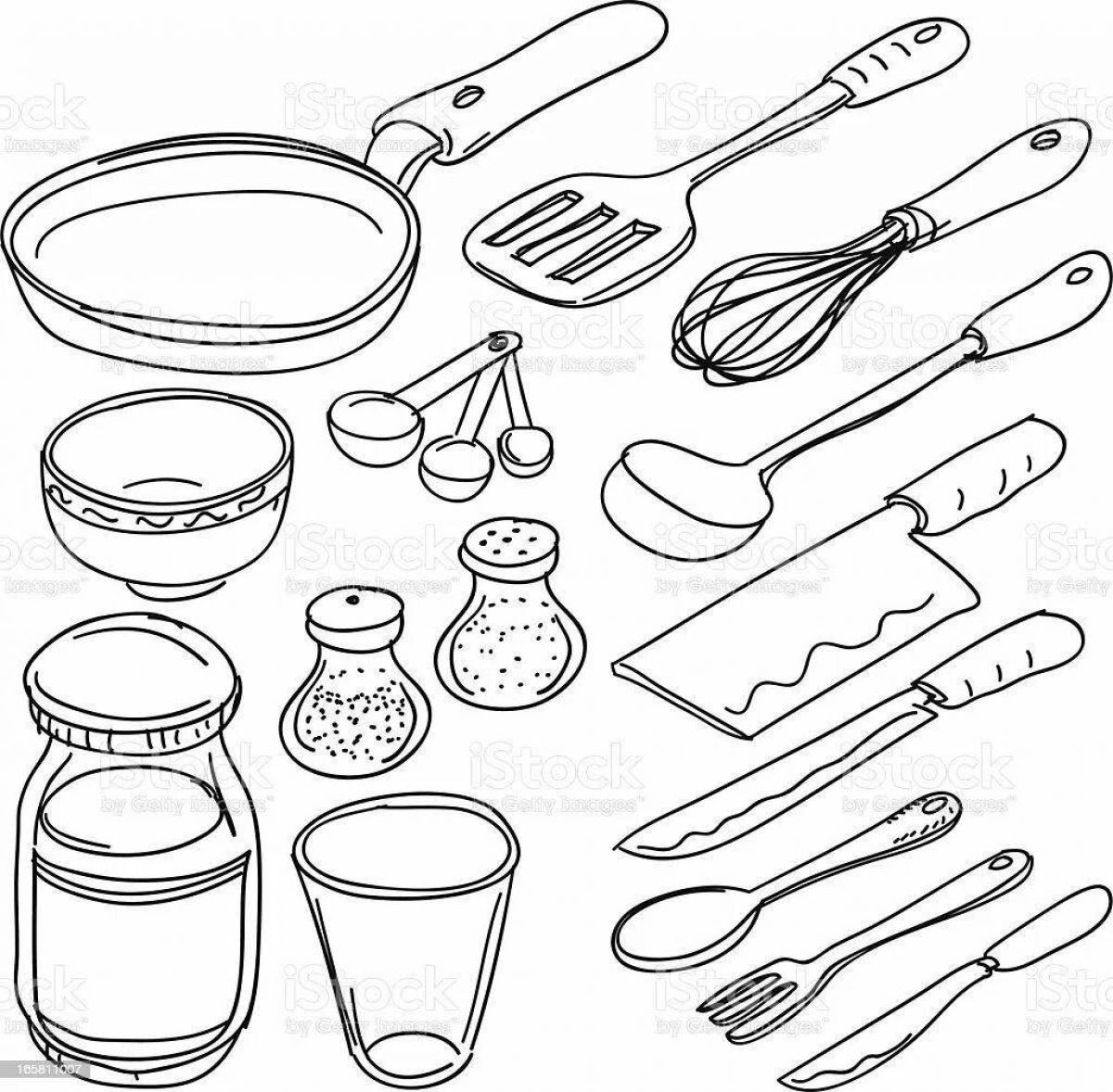 Выдающаяся страница раскраски кухонной утвари для детей