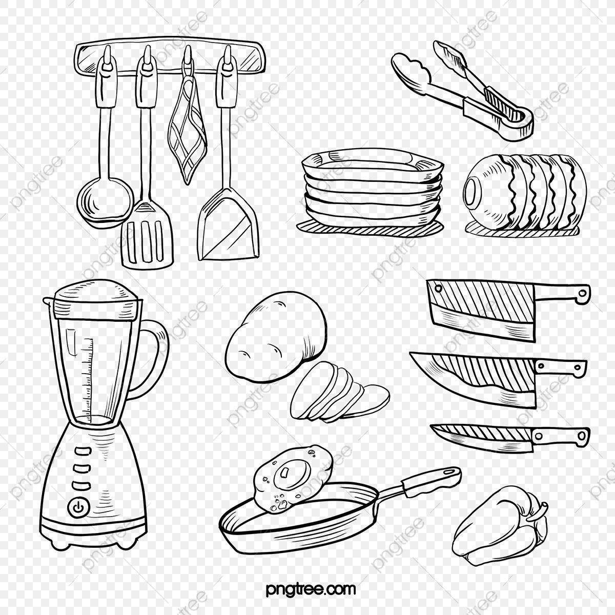 Exquisite kitchen utensils coloring for kids