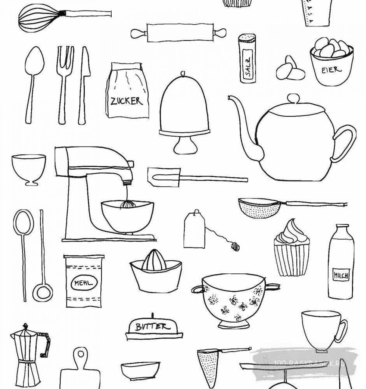Великолепная страница раскраски кухонной утвари для детей