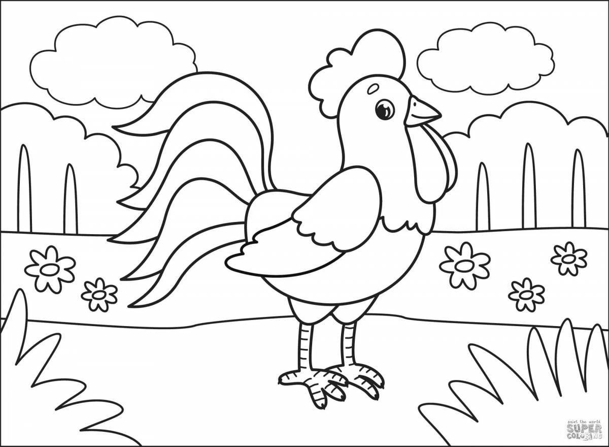 Colouring bright rooster for kids 3-4 years old