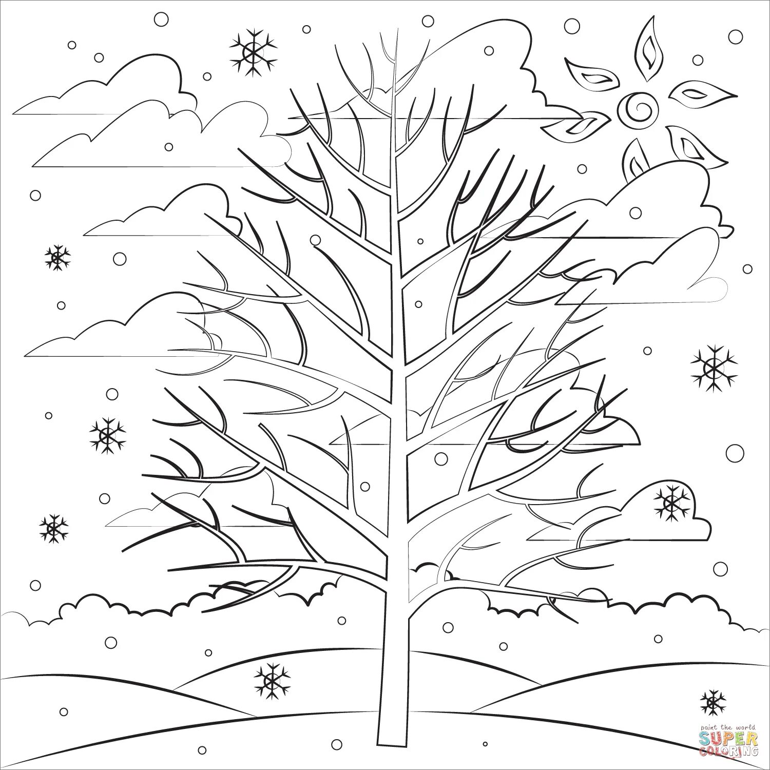 Coloring book funny winter tree for children 3-4 years old