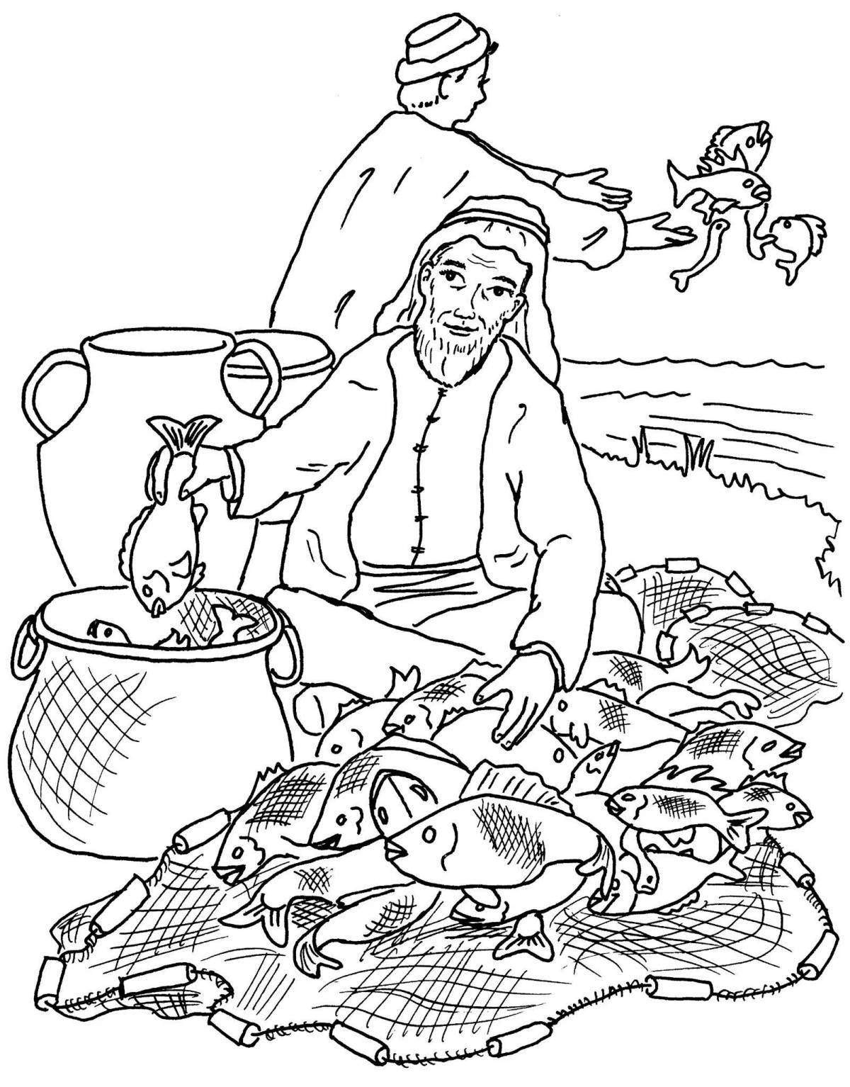 Coloring book playful fisherman and fish