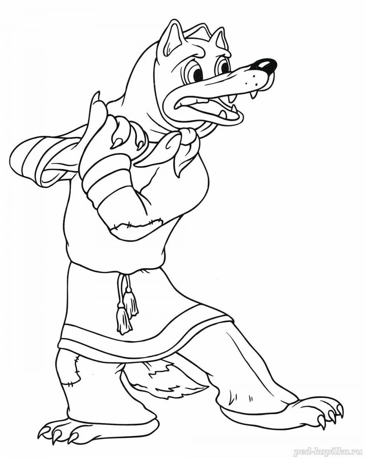 Coloring book funny wolf and seven children