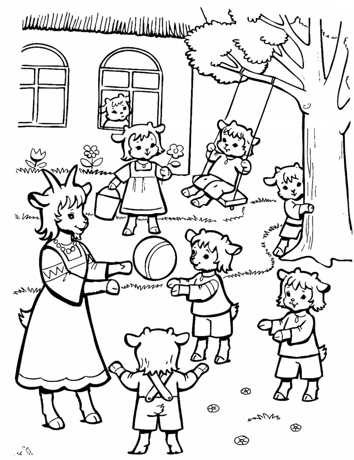 Glittering wolf and seven children coloring page