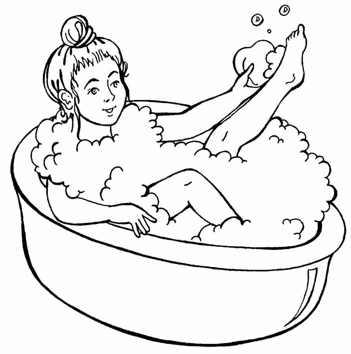 Девочка моется в ванной раскраска