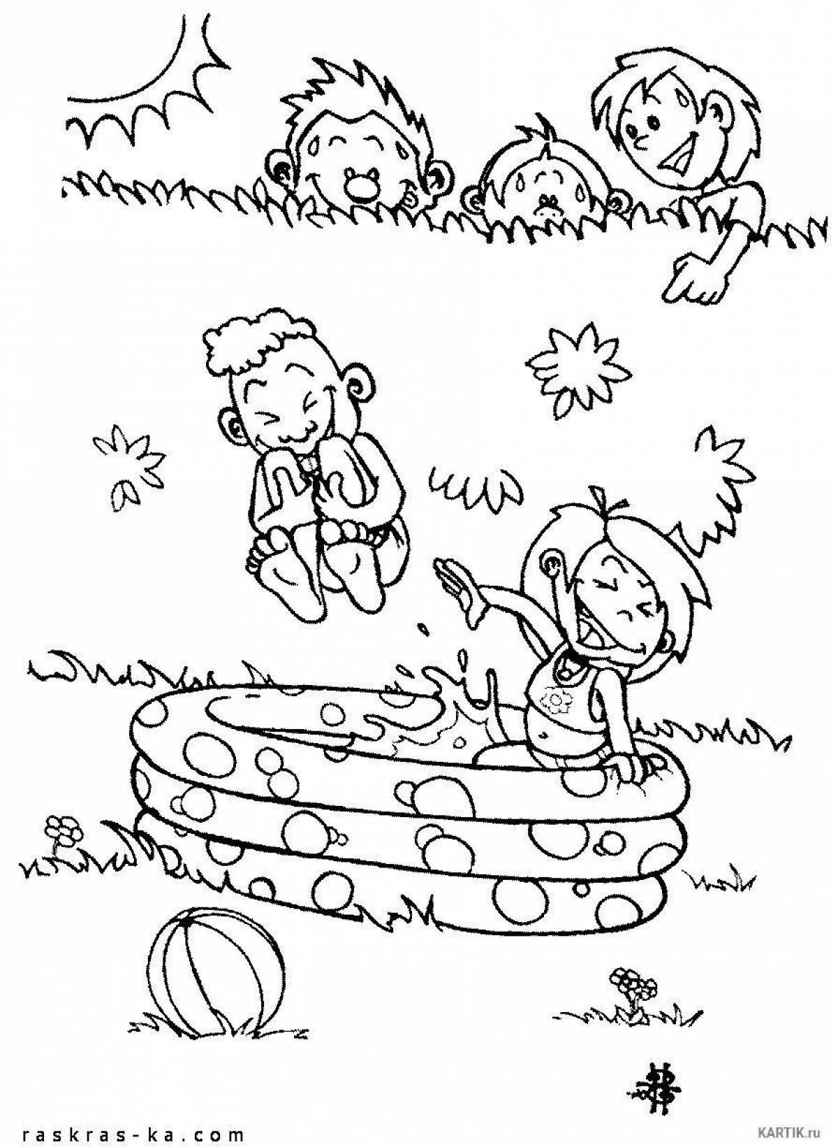 Joyful swimming pool coloring page for kids