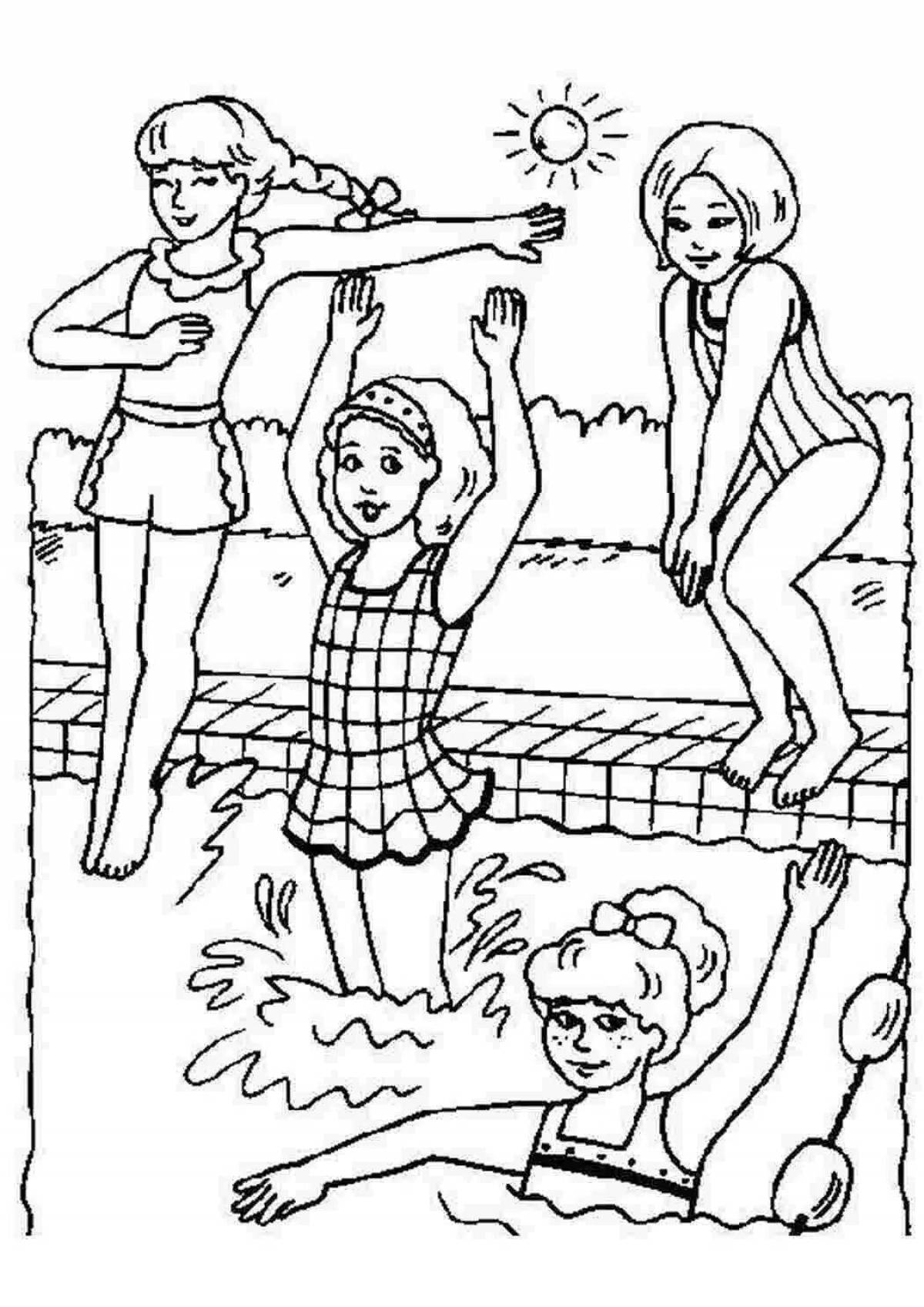 Яркая страница раскраски с бассейном для детей