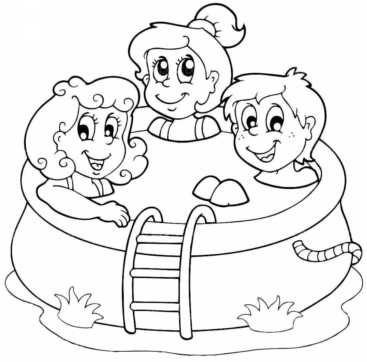 Раскраска лето дети в бассейне на даче для детей распечатать