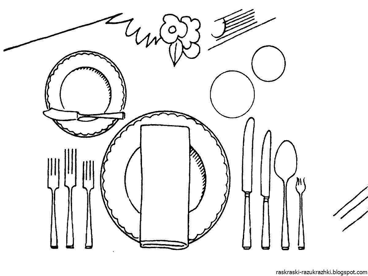 Colorful table setting coloring book for children
