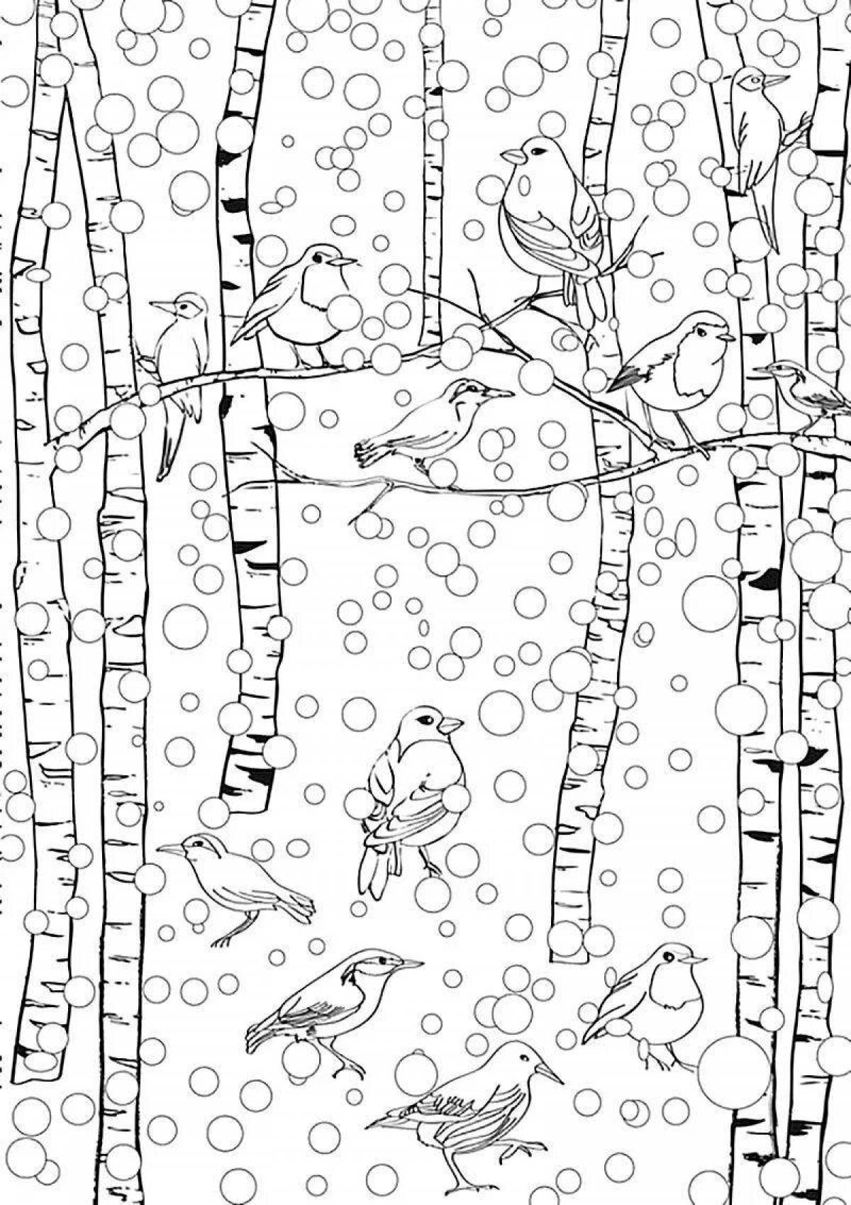 Serene coloring birch in winter for kids