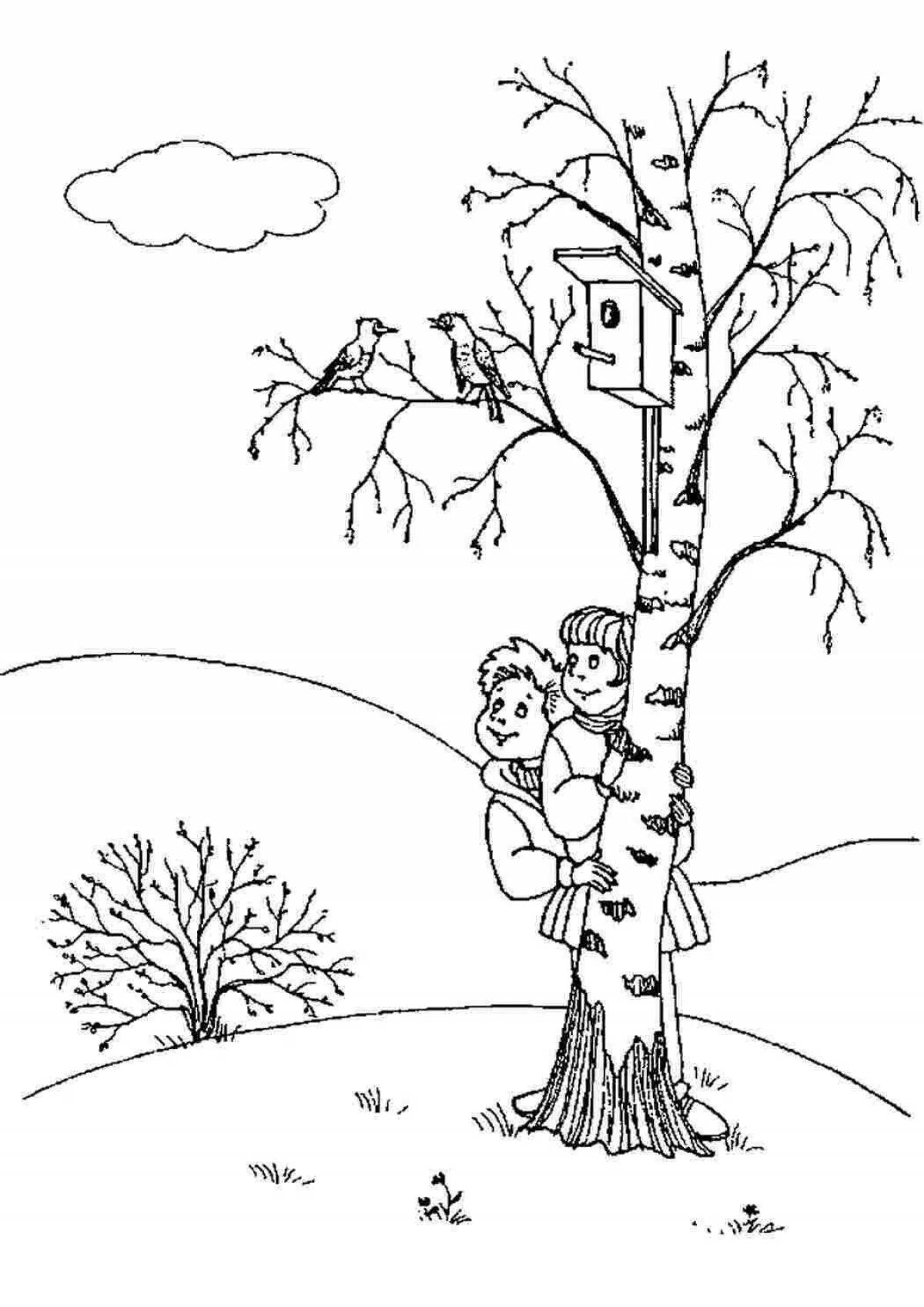 Large coloring birch in winter for children