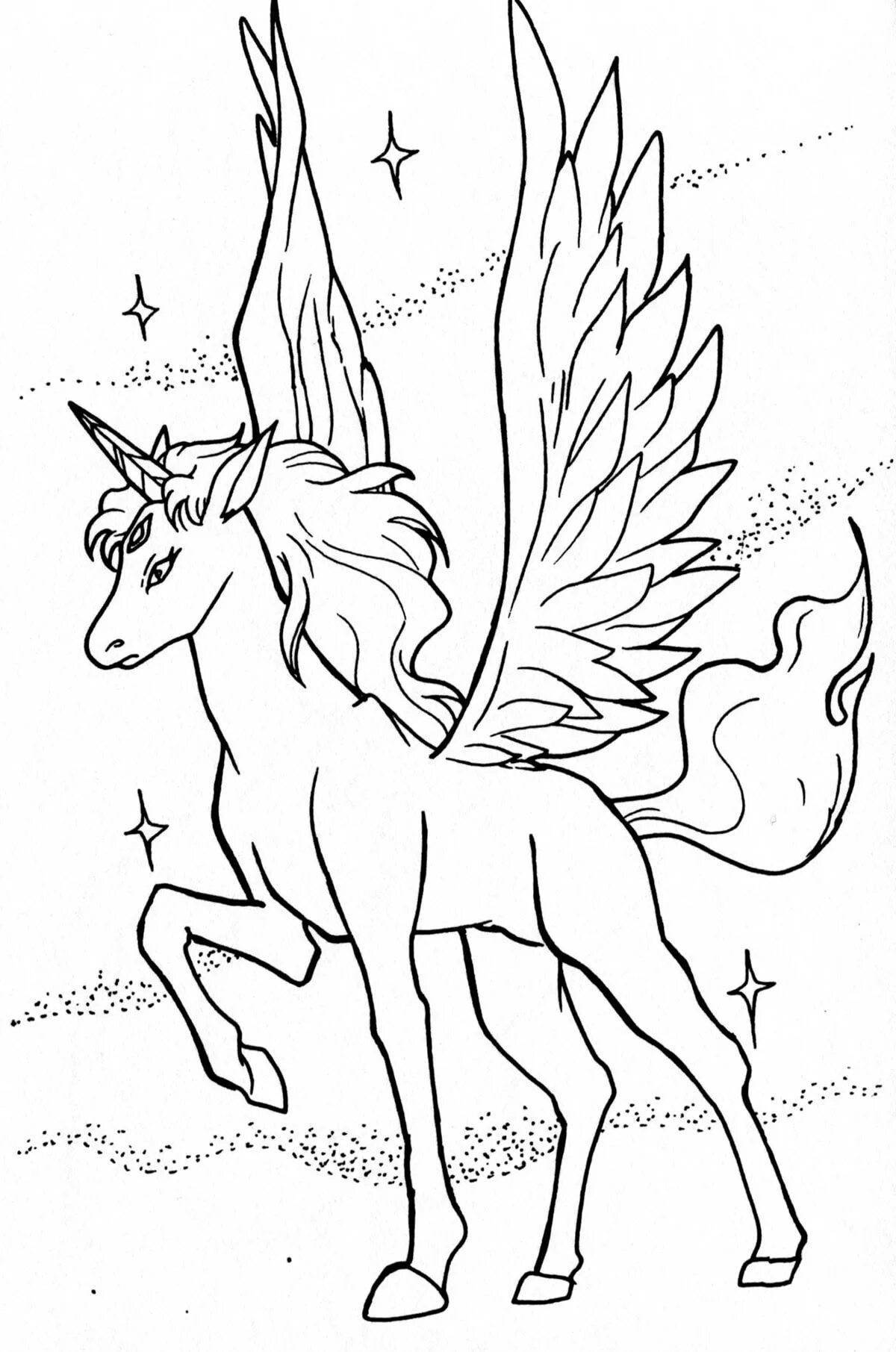 Shiny coloring unicorn with wings for kids