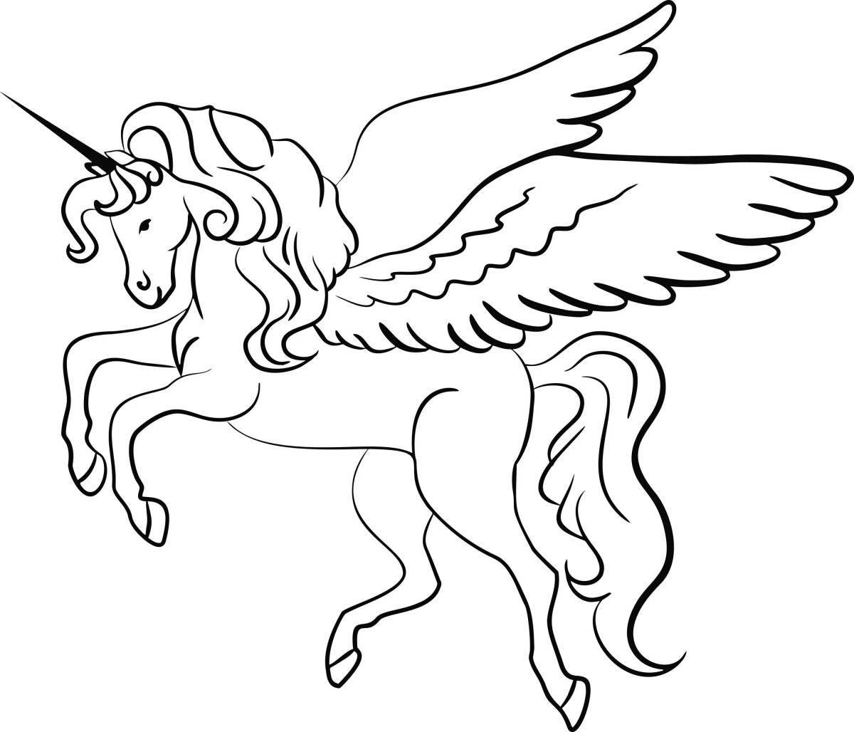 Coloring book unicorn with wings for kids