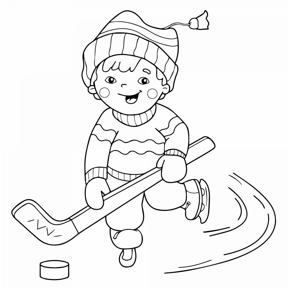 Adorable winter sports coloring book for kindergarten
