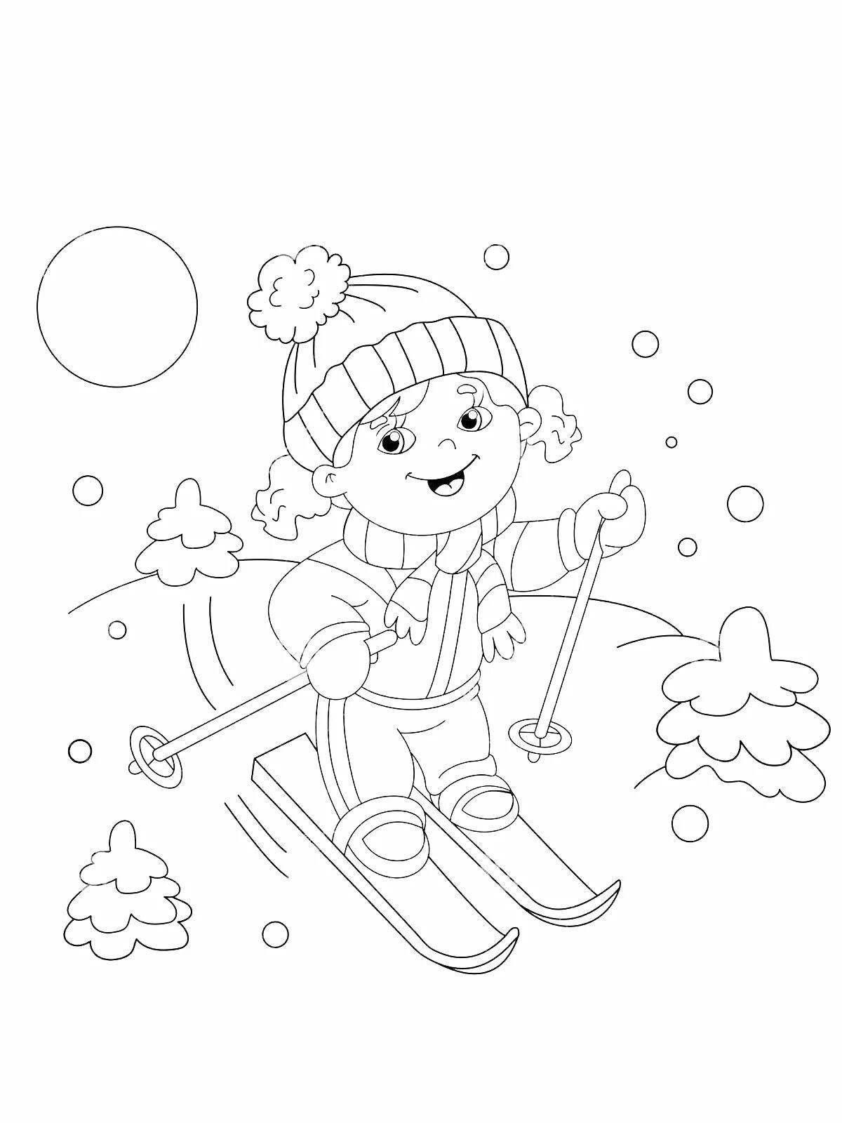Humorous coloring book winter sports for kindergarten