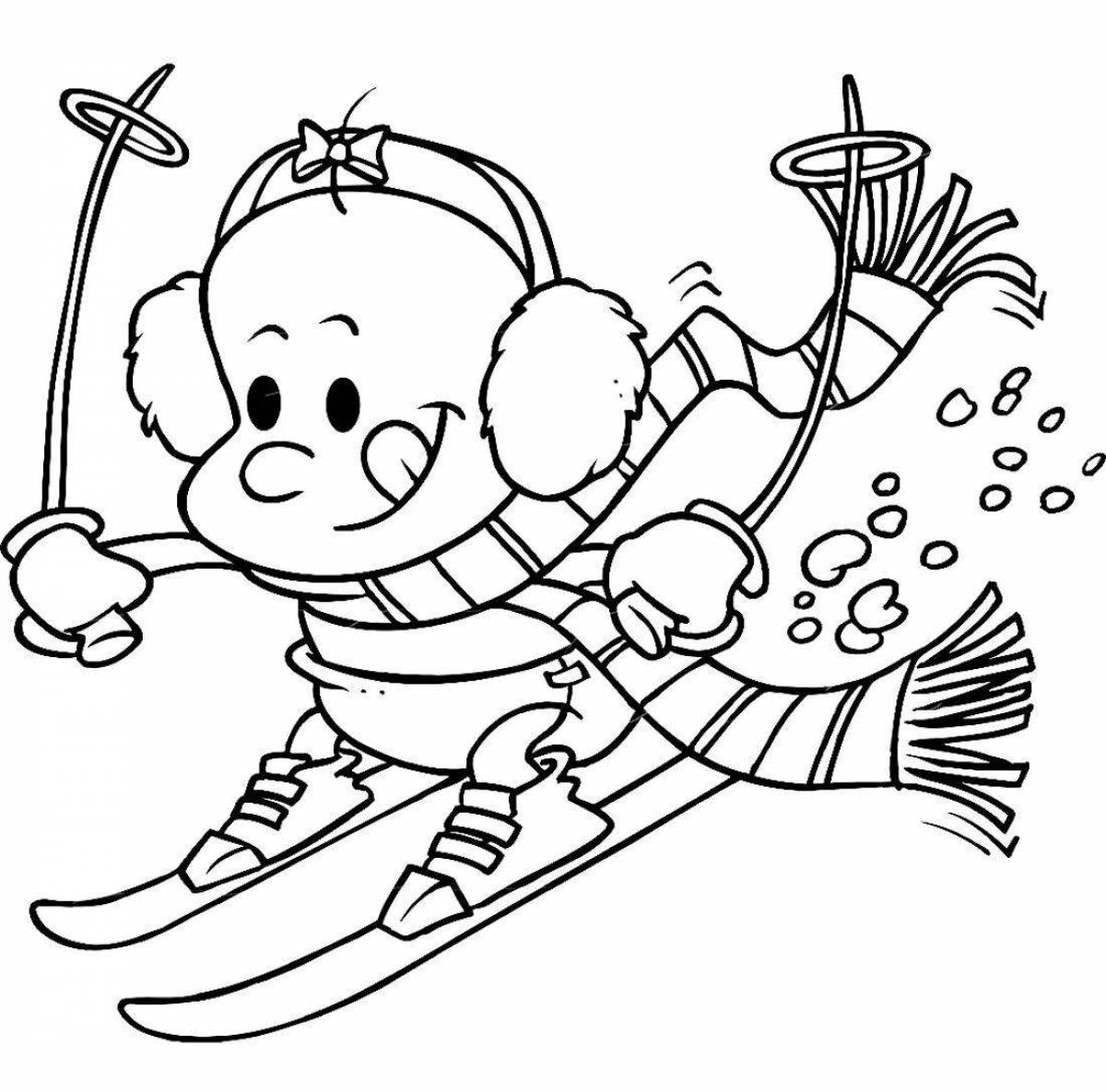 Colorful skier coloring book for children 6-7 years old
