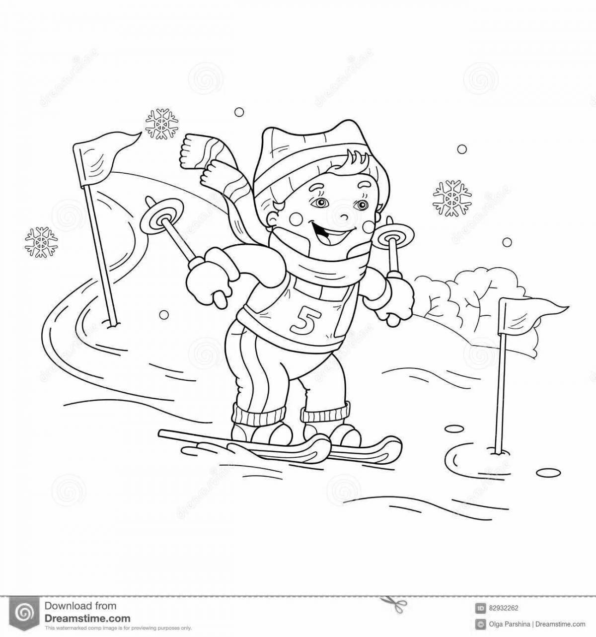 Coloring book cheerful skier for children 6-7 years old