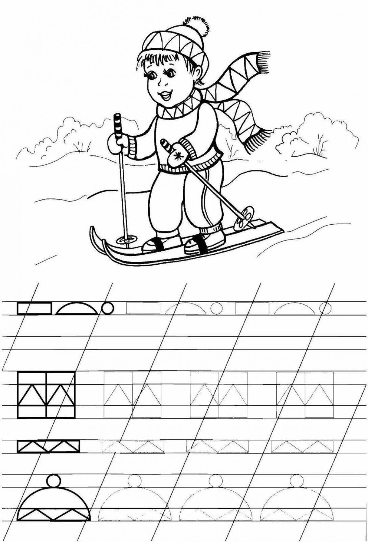 Adventurous skier coloring book for 6-7 year olds