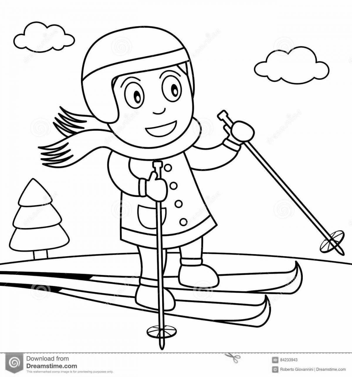 Coloring book playful skier for children 6-7 years old