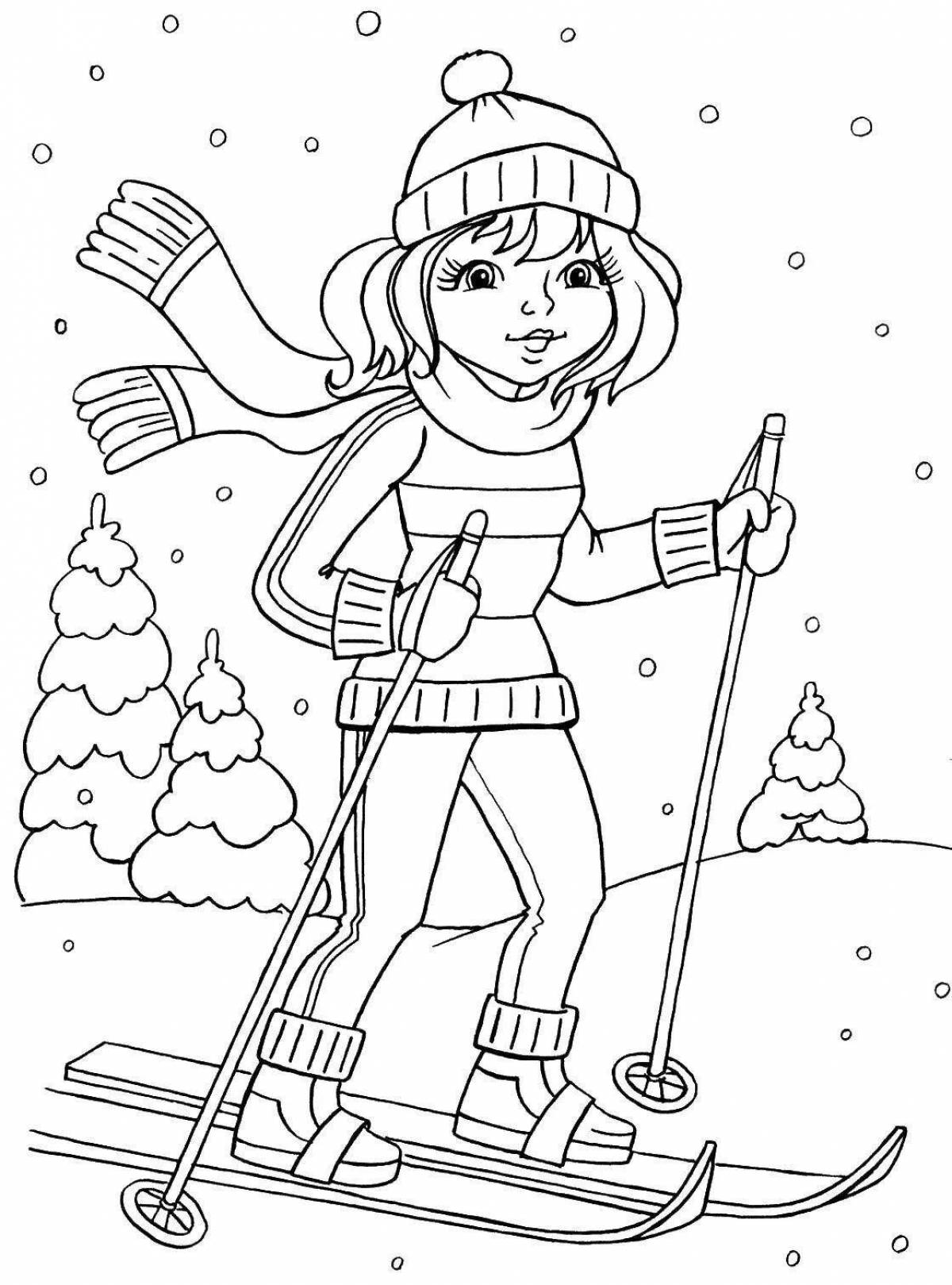 Развлекательная раскраска лыжник для дошкольников