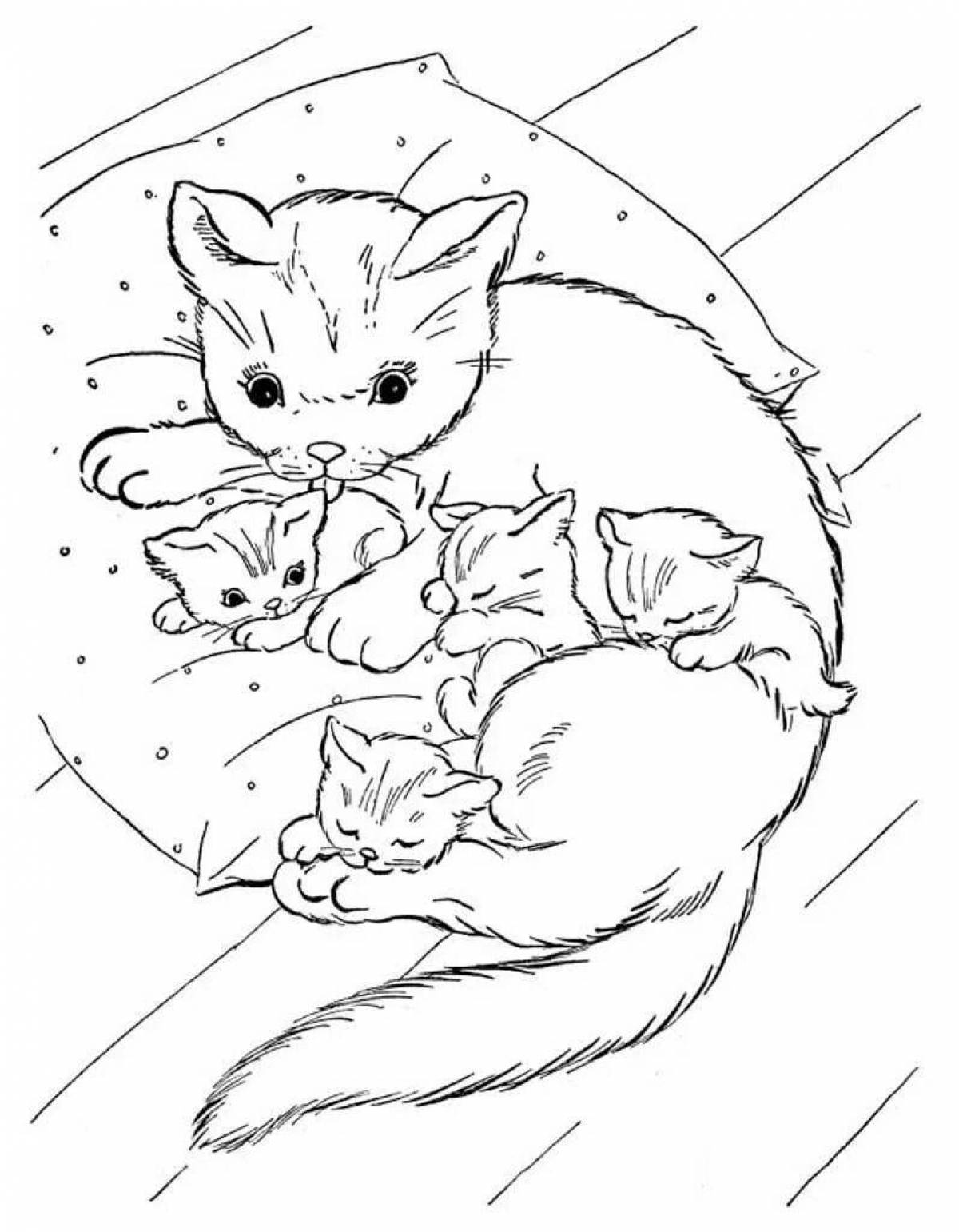 Очаровательная раскраска кошка с котятами