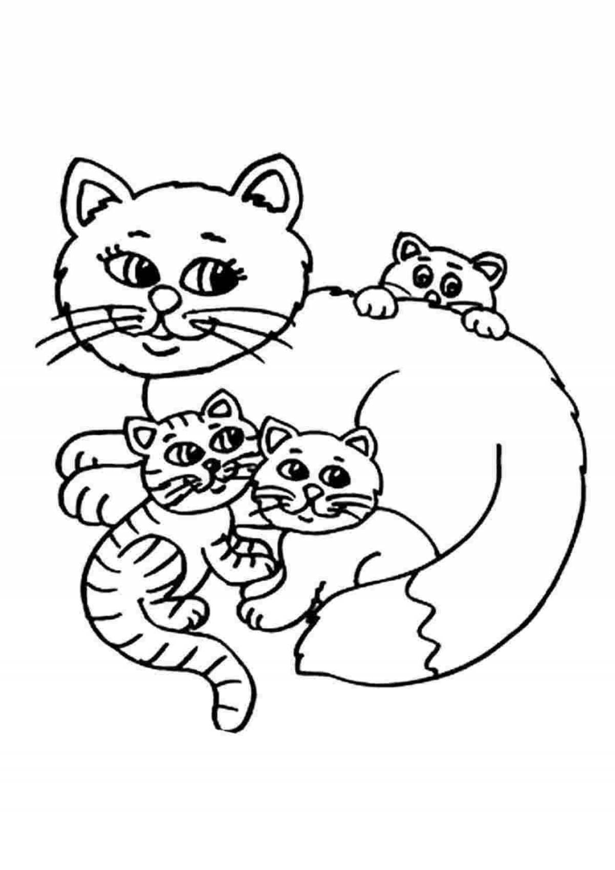 Любящая раскраска кошка с котятами