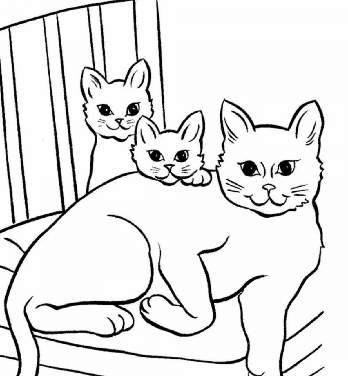 Friendly coloring cat with kittens