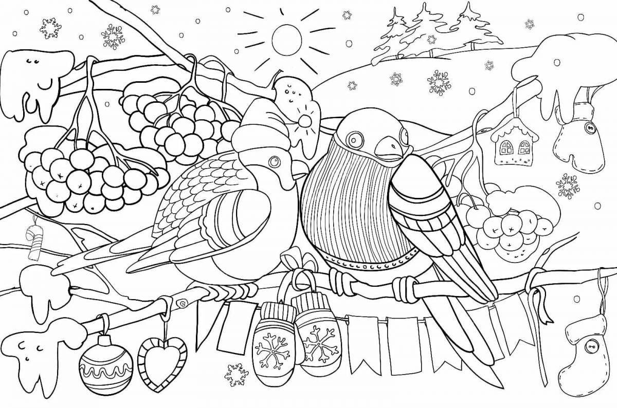 Playful winter birds coloring book for children 6-7 years old