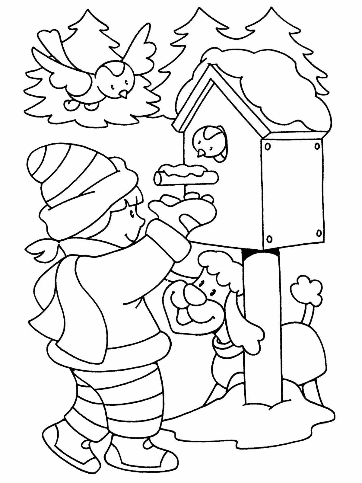 Shiny winter birds coloring book for 6-7 year olds