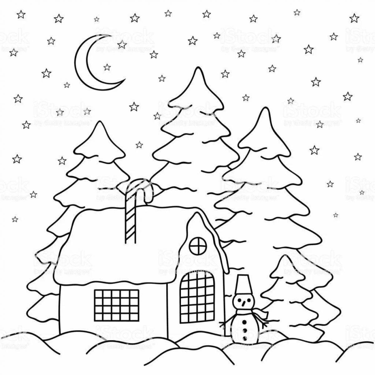 Glowing winter landscape coloring book for children 3-4 years old
