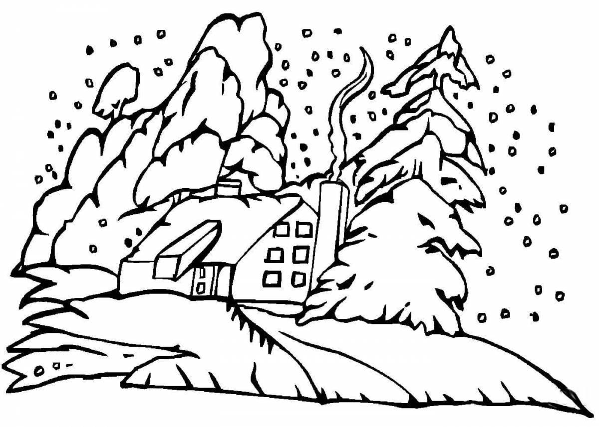 Colourful winter landscape coloring book for children 3-4 years old