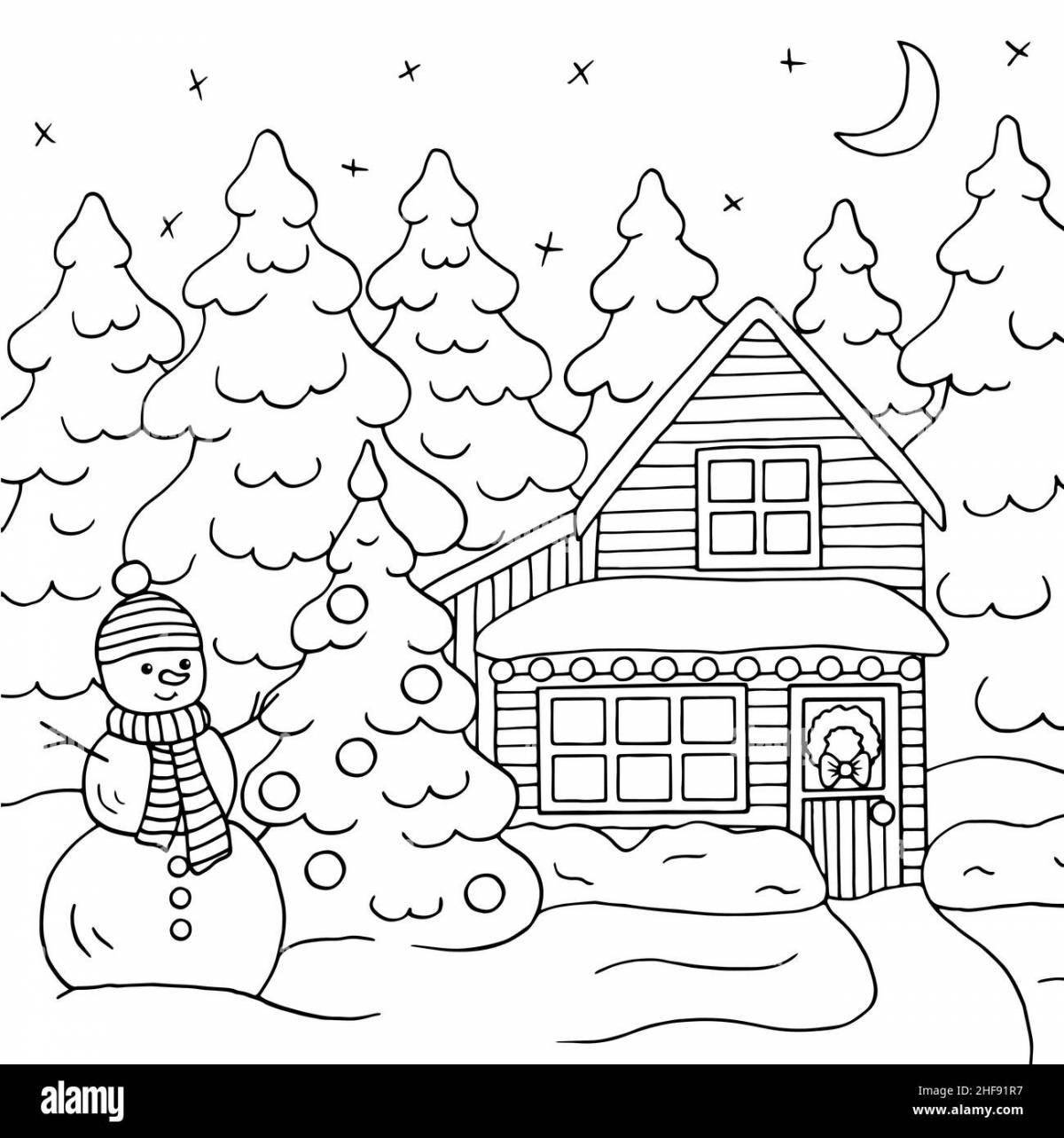 Fantastic winter landscape coloring book for children 3-4 years old