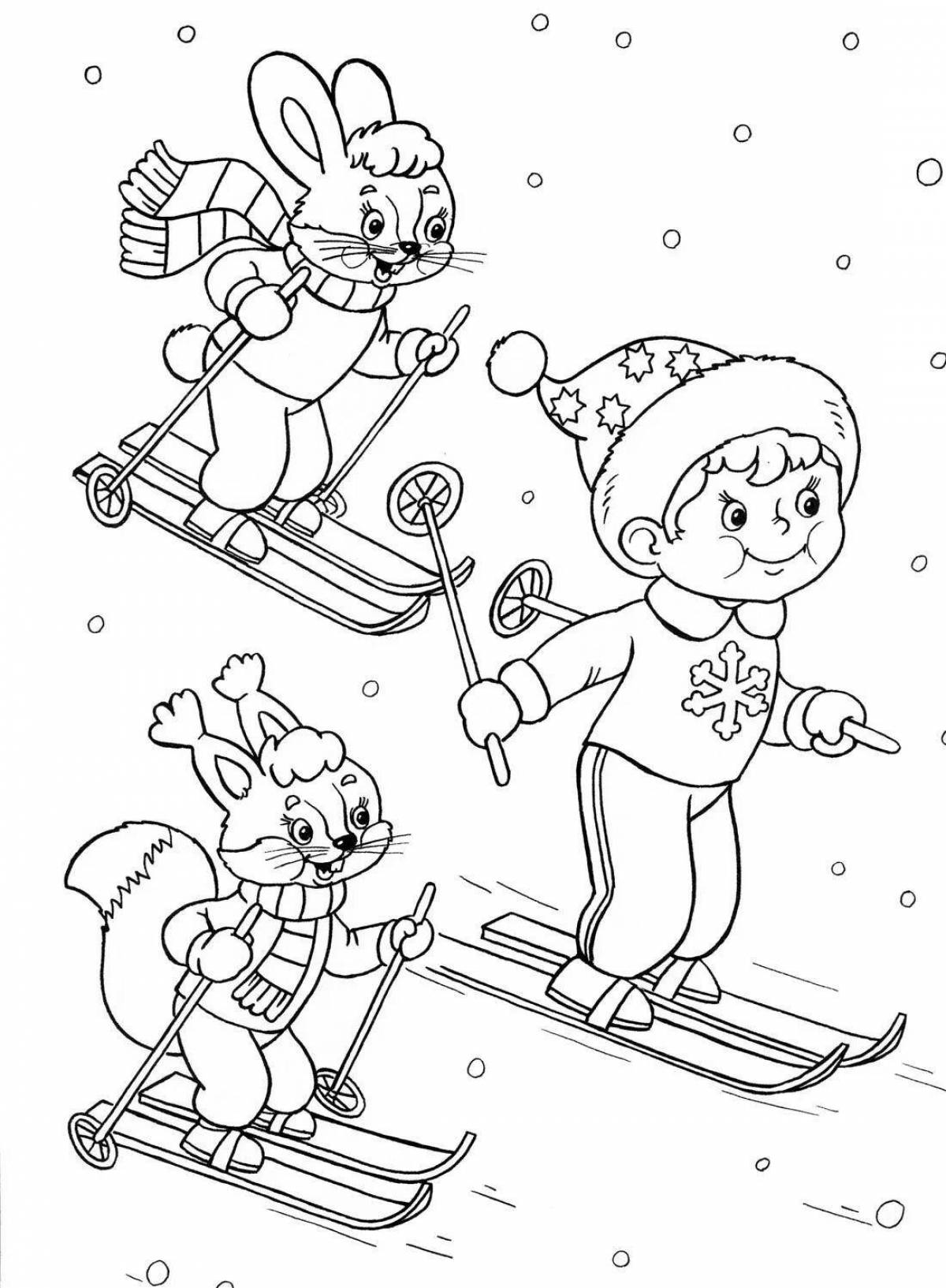 Красочная раскраска зимние виды спорта для детей