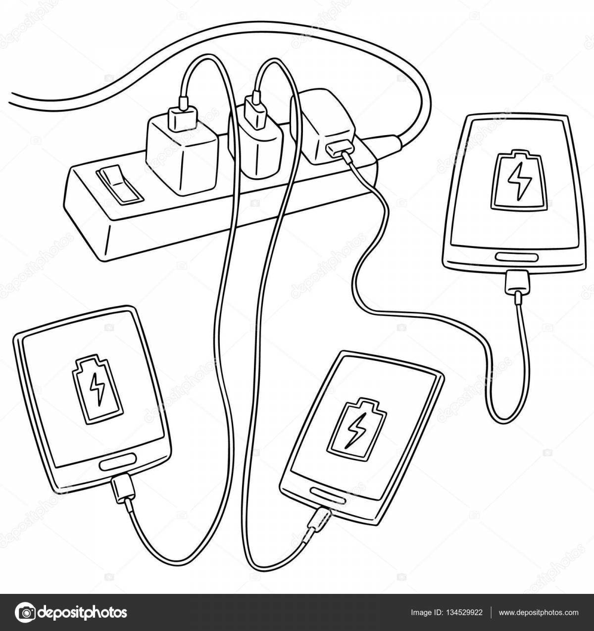 Яркая страница раскраски зарядного устройства для телефона