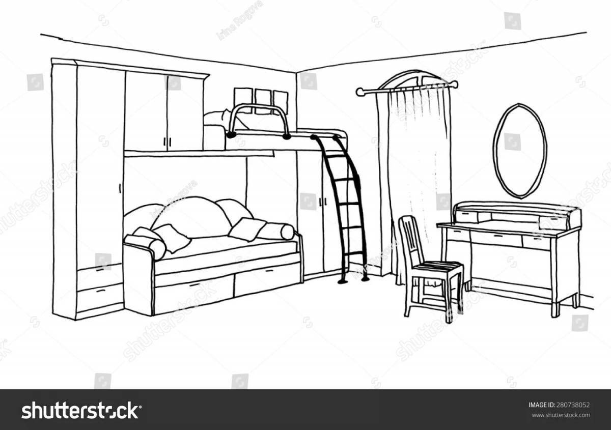 Эскиз детской комнаты карандашом с мебелью