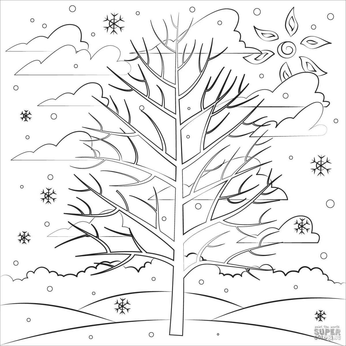 Colorful winter tree coloring page for kids