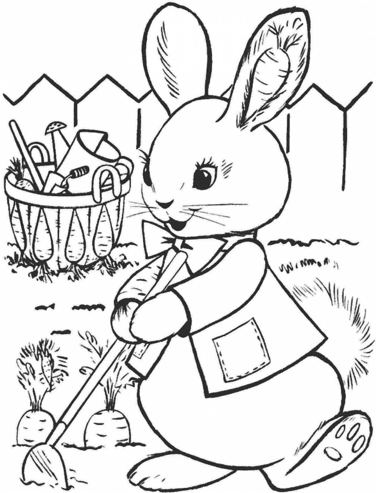 Coloring book playful hare with a carrot