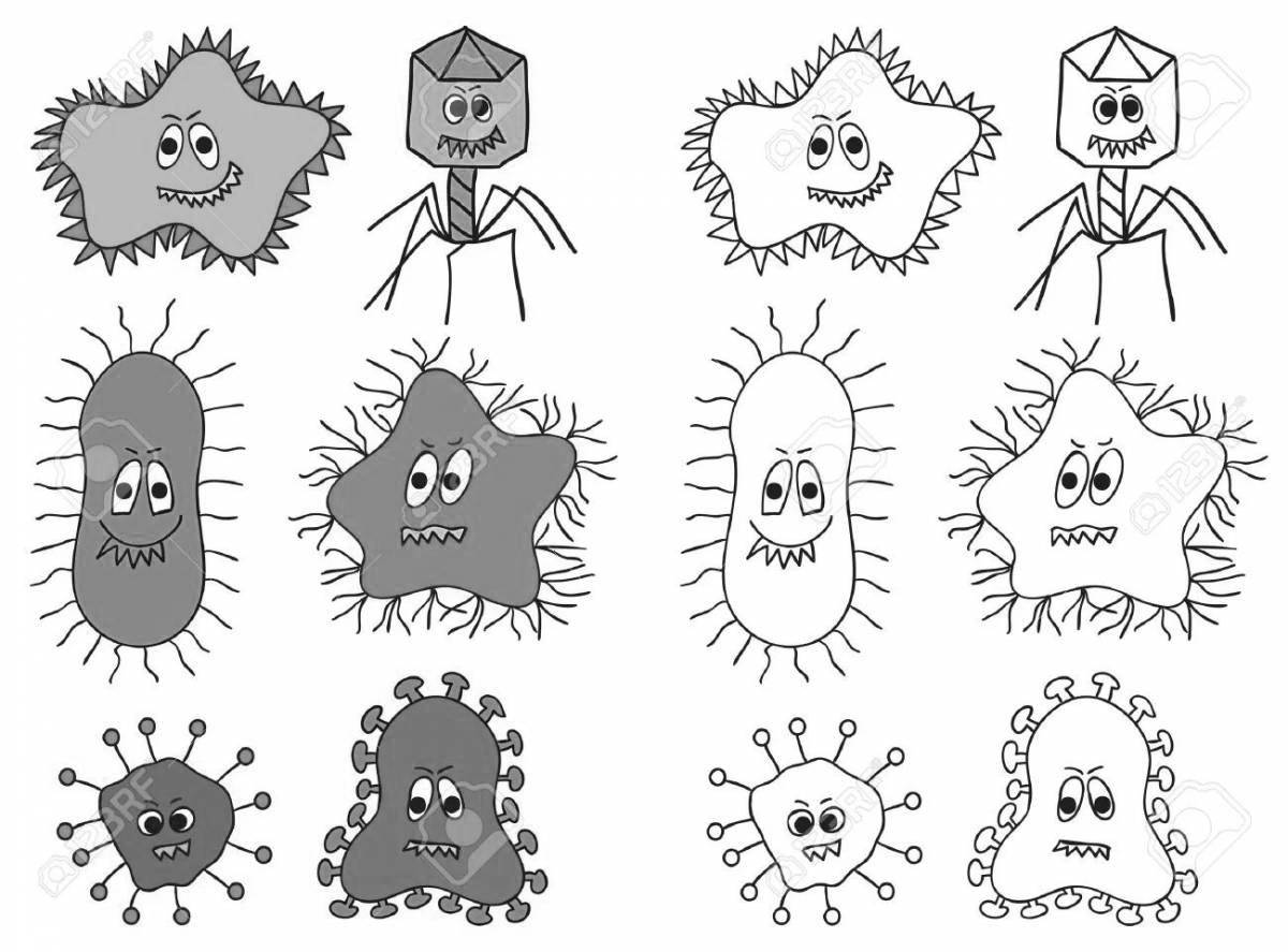 Красочные и яркие вирусы и микробы раскраска
