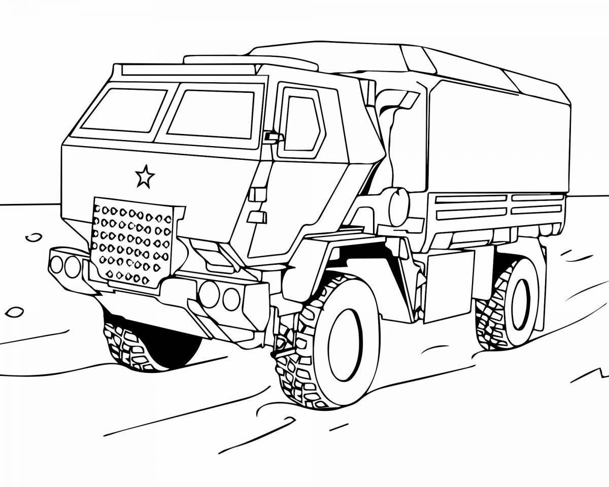 Красочная страница раскраски военных грузовиков для детей
