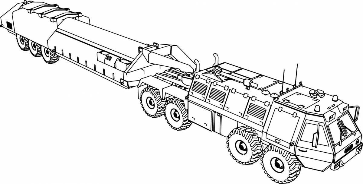 Яркая страница раскраски военных грузовиков для детей