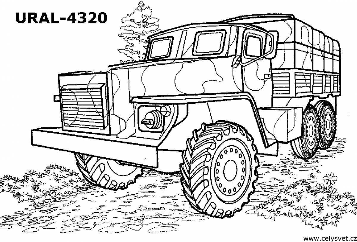 Впечатляющая раскраска военного грузовика для детей