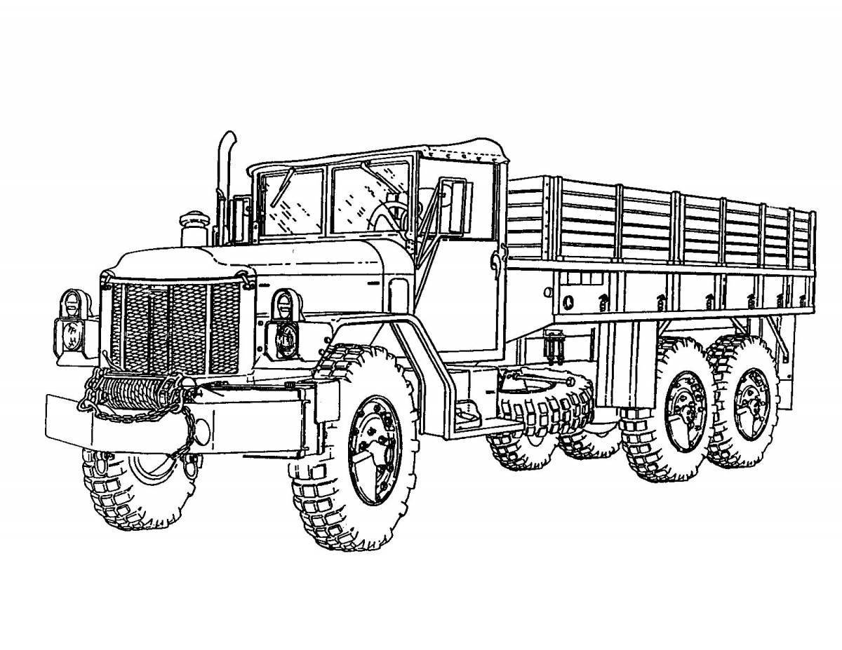 Раскраска блестящий военный грузовик для детей