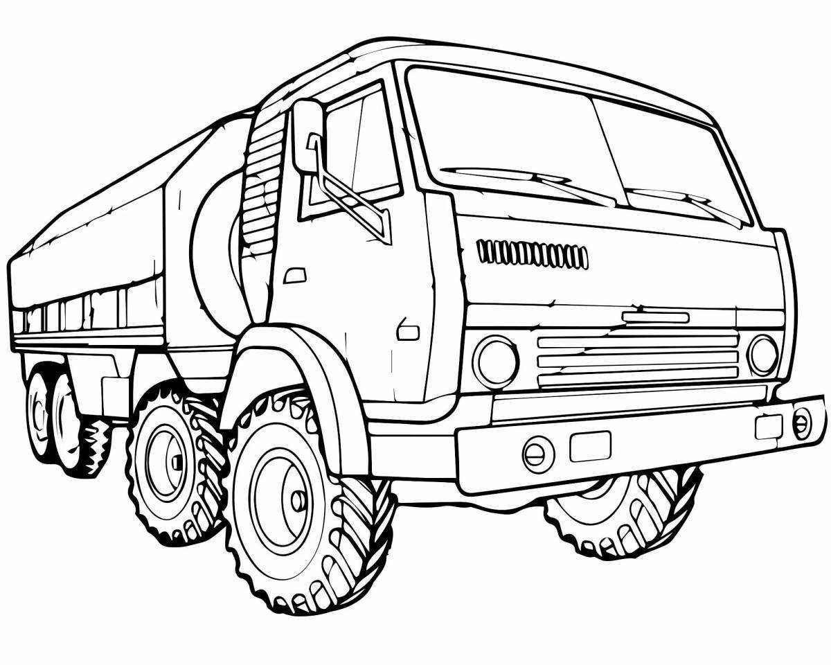 Веселая раскраска военных грузовиков для детей